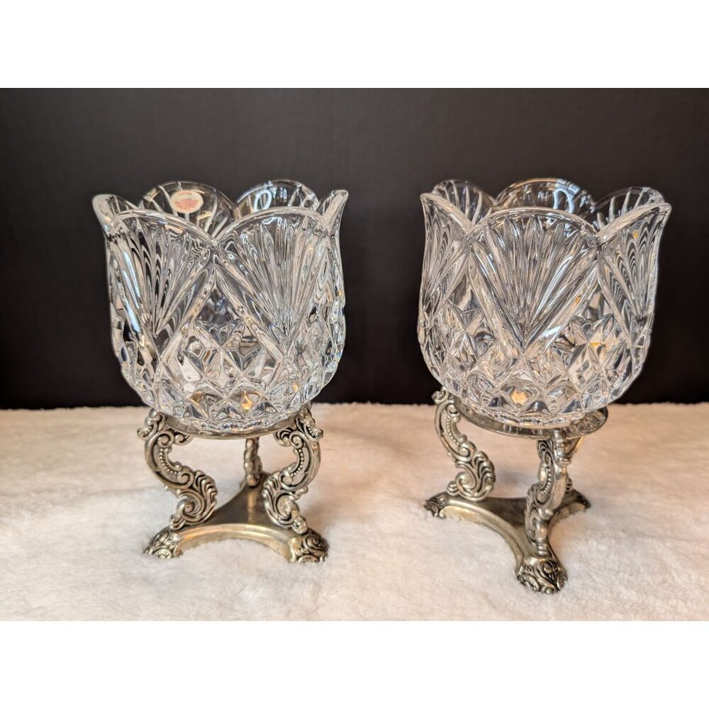 Vntg Godinger Lead Glass Crystal Candle Holders & Silver-Plate Base Centerpiece